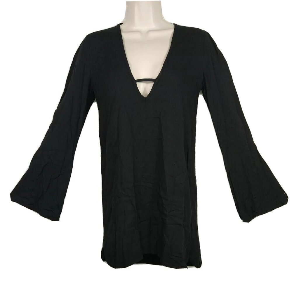 Tobi Dress Tunic Top Plunge V-neck Women Size S Black Long Bell Sleeves
